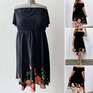 SHEIN Skue Curve Off Shoulder Floral Hem Midi Dress Black Pink 4XL